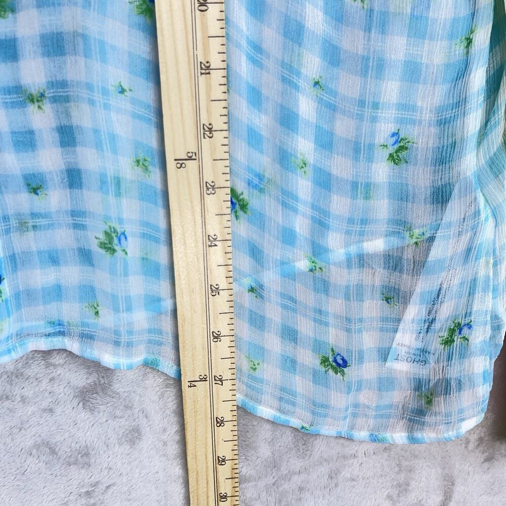 Ghost London Bella Blouse Medium Gingham Botanical Semi Sheer Crepe Picnic-core - Picture 9 of 13